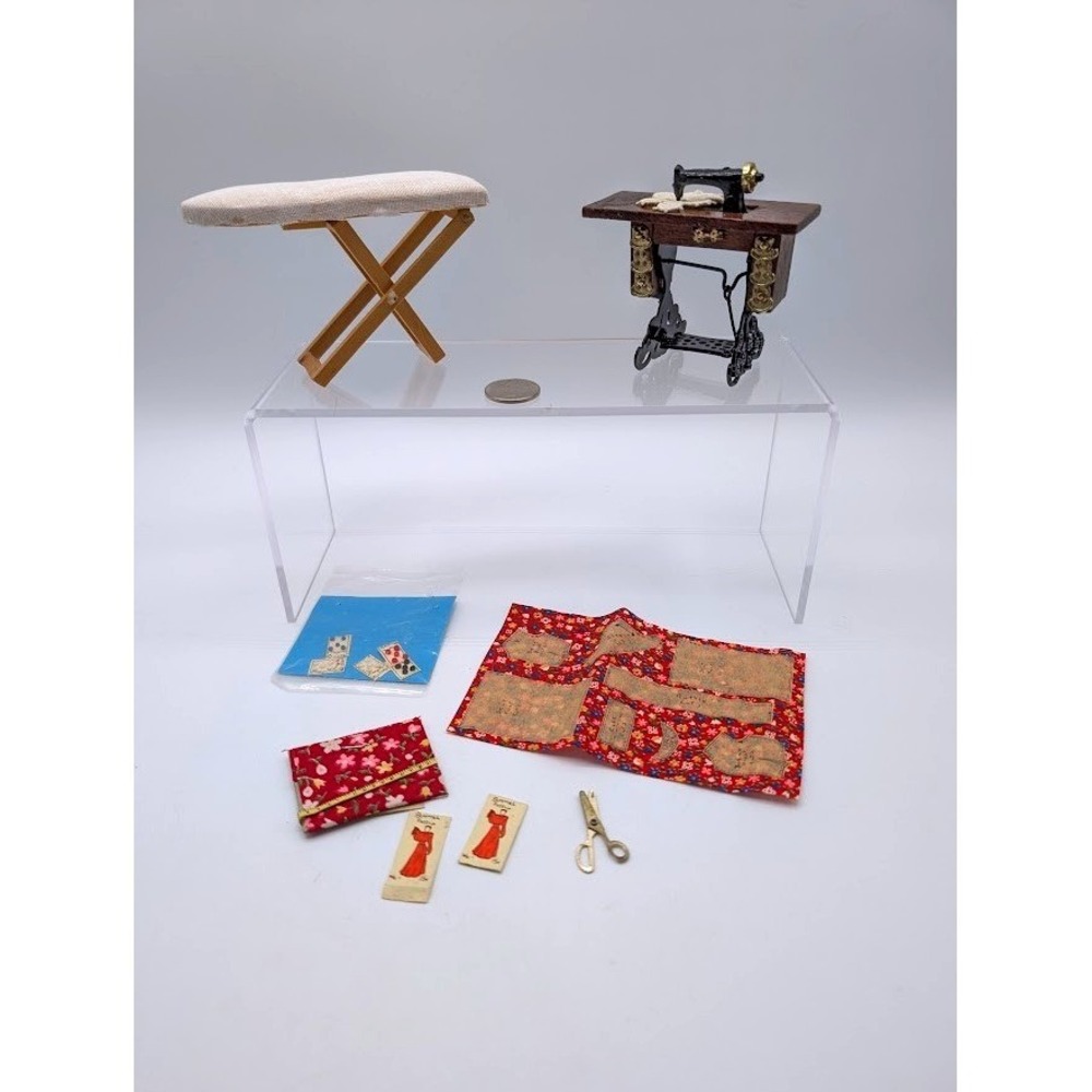 1:12 Miniature Dollhouse Set Sewing Machine Ironing Board Pattern Scissor Fabric